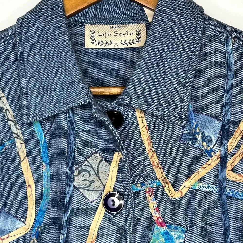 Vintage Life Style Abstract Embroidered‎ Embellished Denim Jacket Shacket Medium